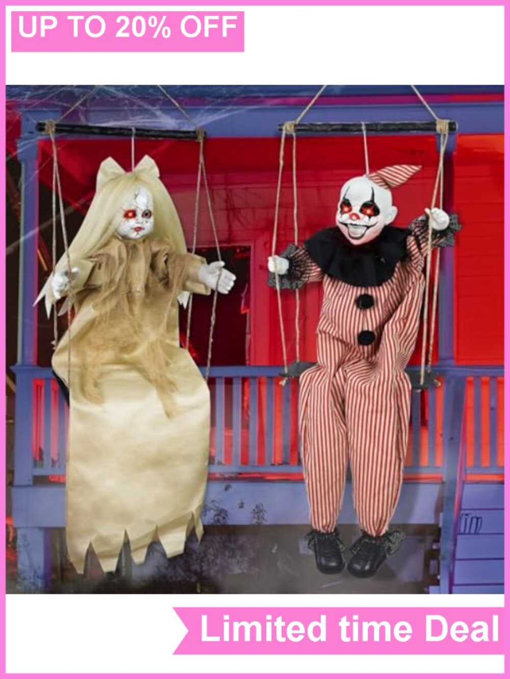 2 Pack Hanging Halloween Decorations Swinging Clown Girl Ghost